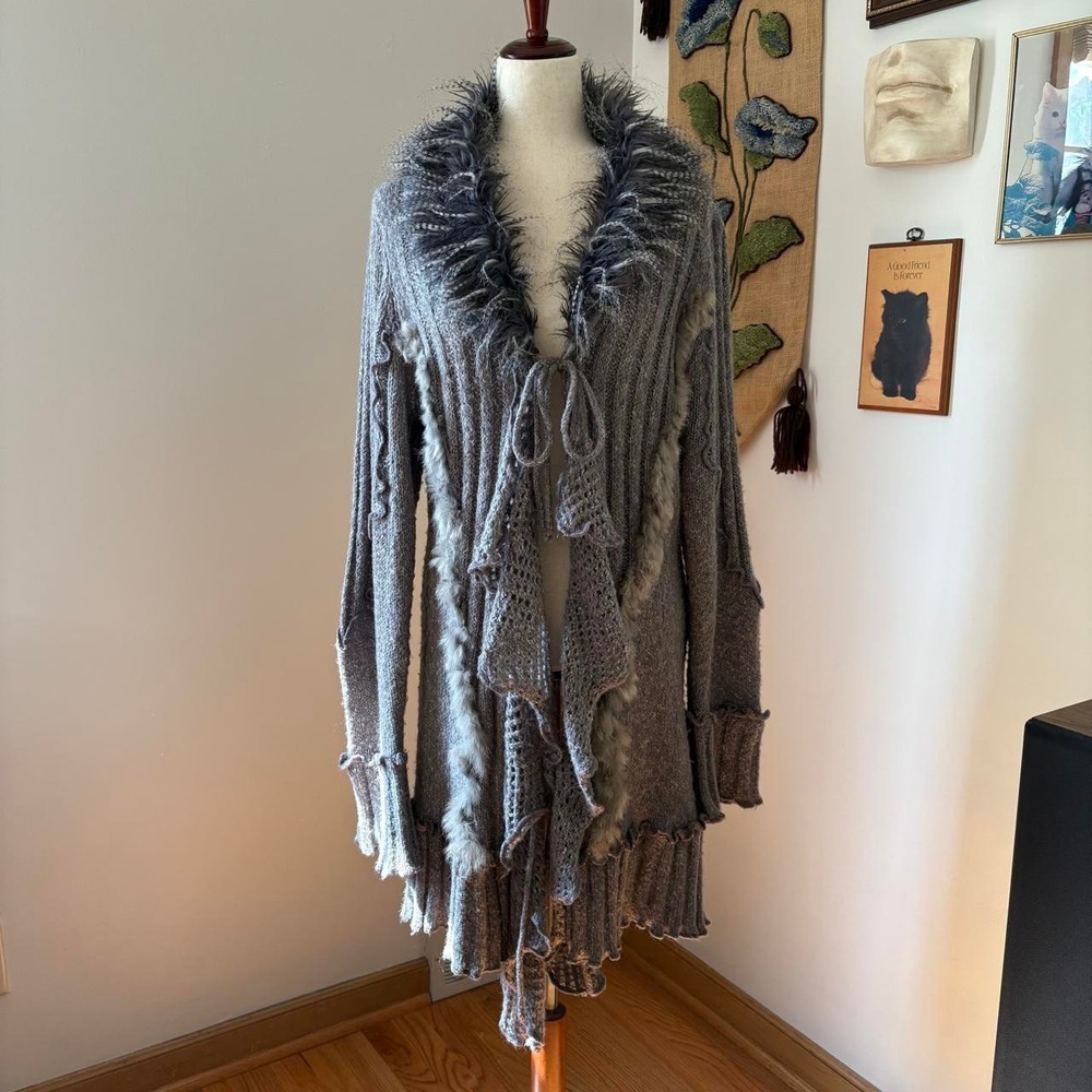 2000s Fur Trim Ruffled Knit Cardigan